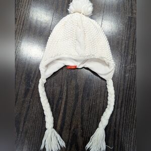 5/$35 Joe Fresh Girls Knit Hat S 6 White Cable Pom Pom Ear Flap Fleece Lined